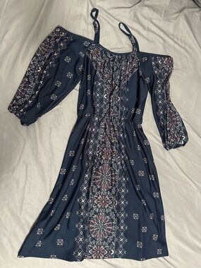 Boho Off-Shoulder Floral Midi Dress - Navy